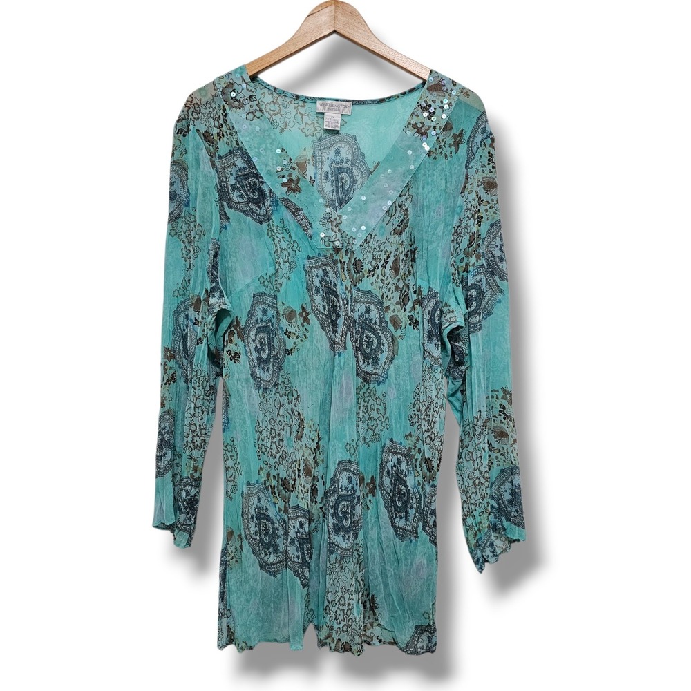 Paisley Floral Tunic Top 2X Womens Turquoise‎ Sequin Crinkle Fairy Ethereal Y2K